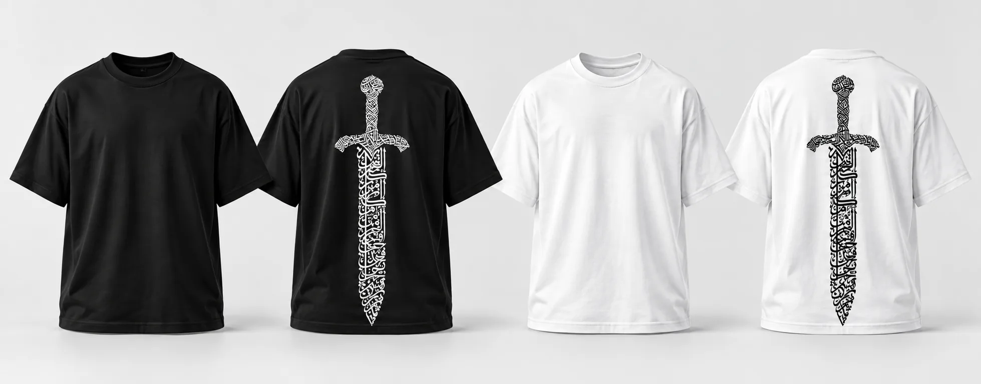 Oversized black and white streetwear T-shirts featuring a vertical sword design formed from intricate Arabic calligraphy on the back, with a clean, blank front.