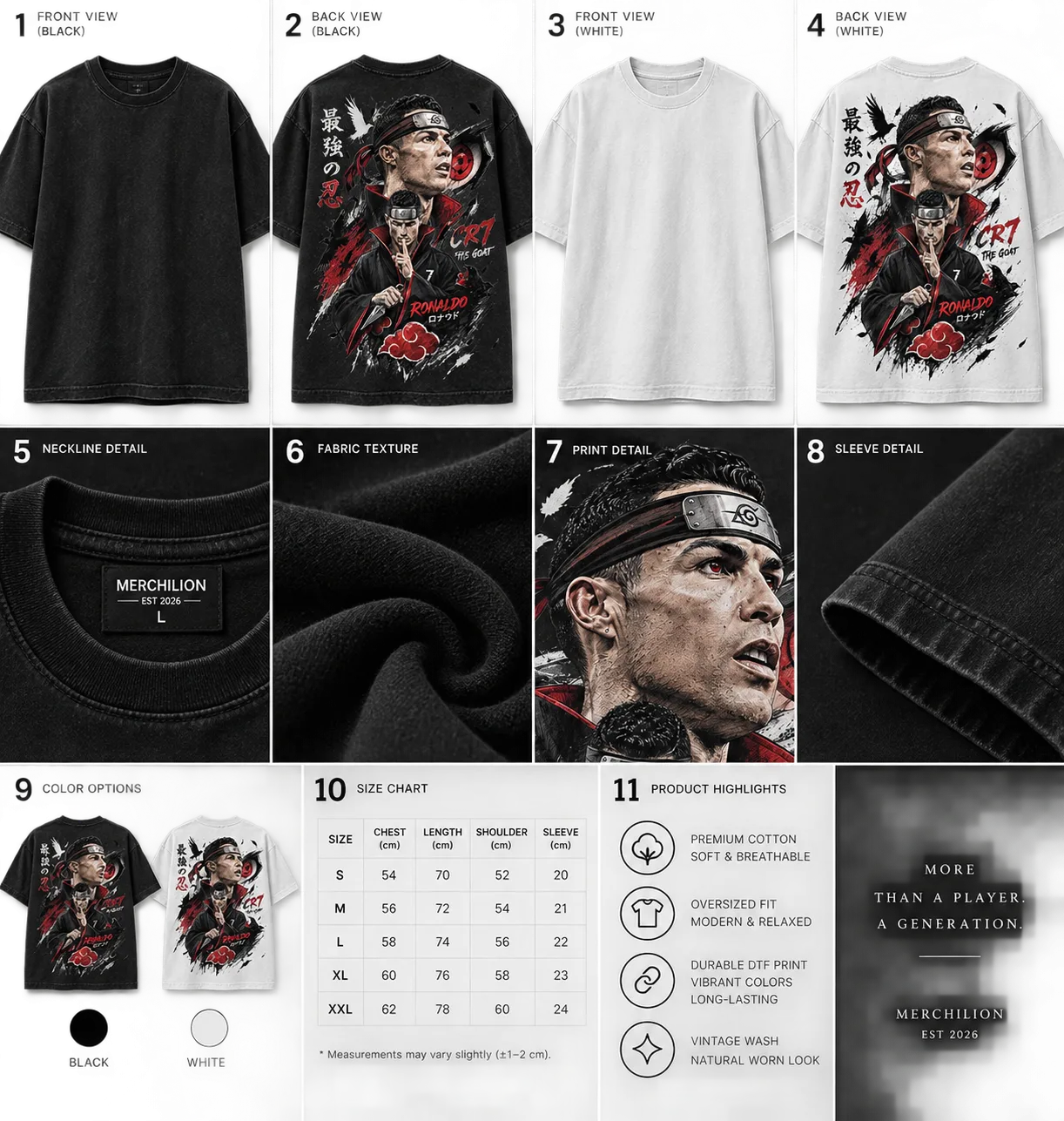 Black and white oversized T-shirts featuring a bold Ronaldo-inspired anime design with red, black, and white artwork, Japanese lettering, crows, and graphic elements.