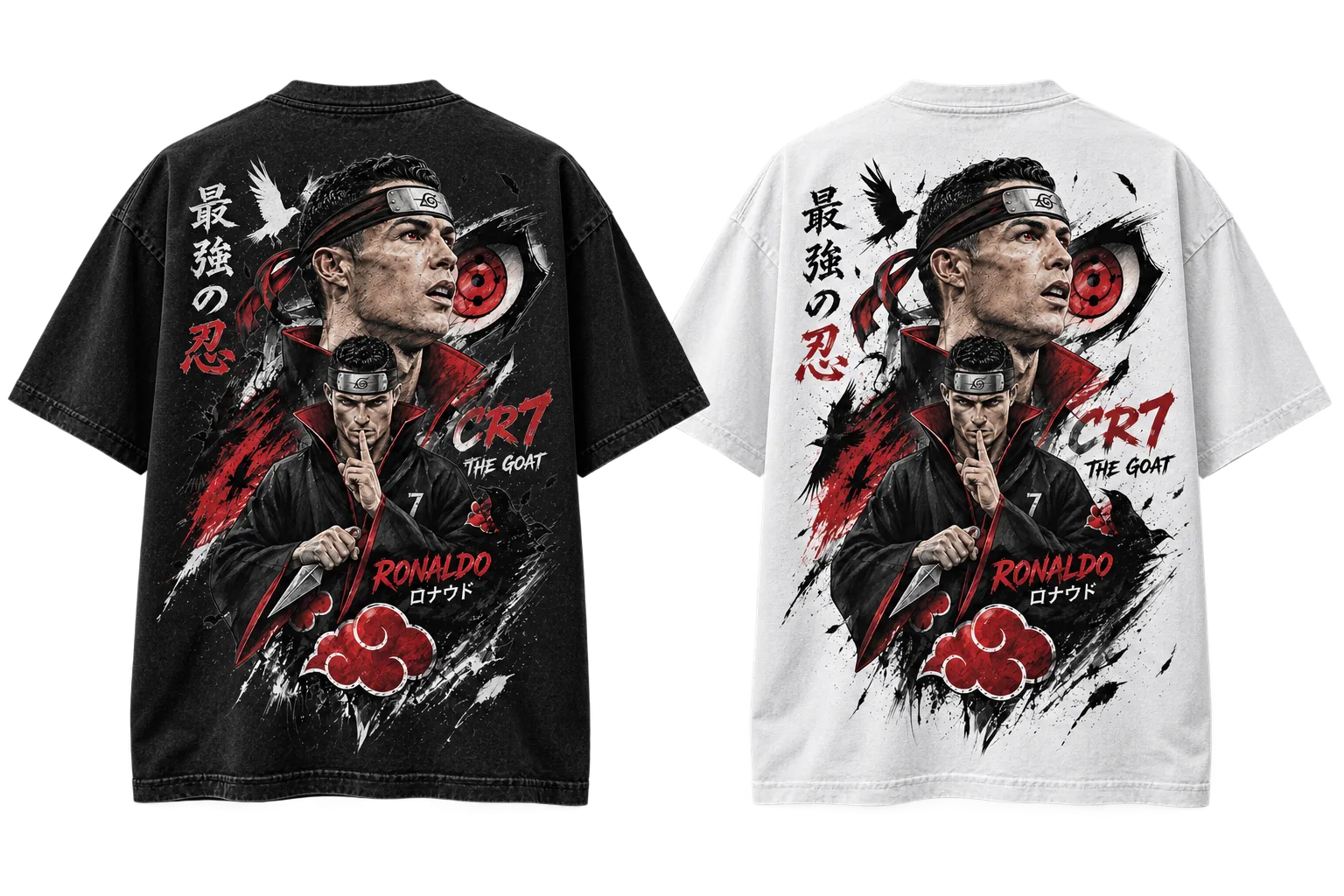 Black and white oversized T-shirts featuring a bold Ronaldo-inspired anime design with red, black, and white artwork, Japanese lettering, crows, and graphic elements.