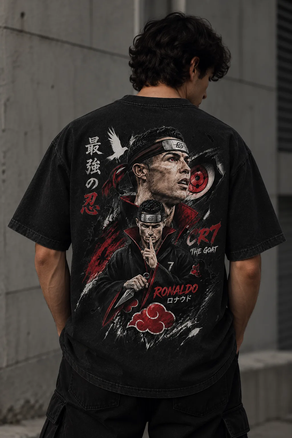 Black and white oversized T-shirts featuring a bold Ronaldo-inspired anime design with red, black, and white artwork, Japanese lettering, crows, and graphic elements.