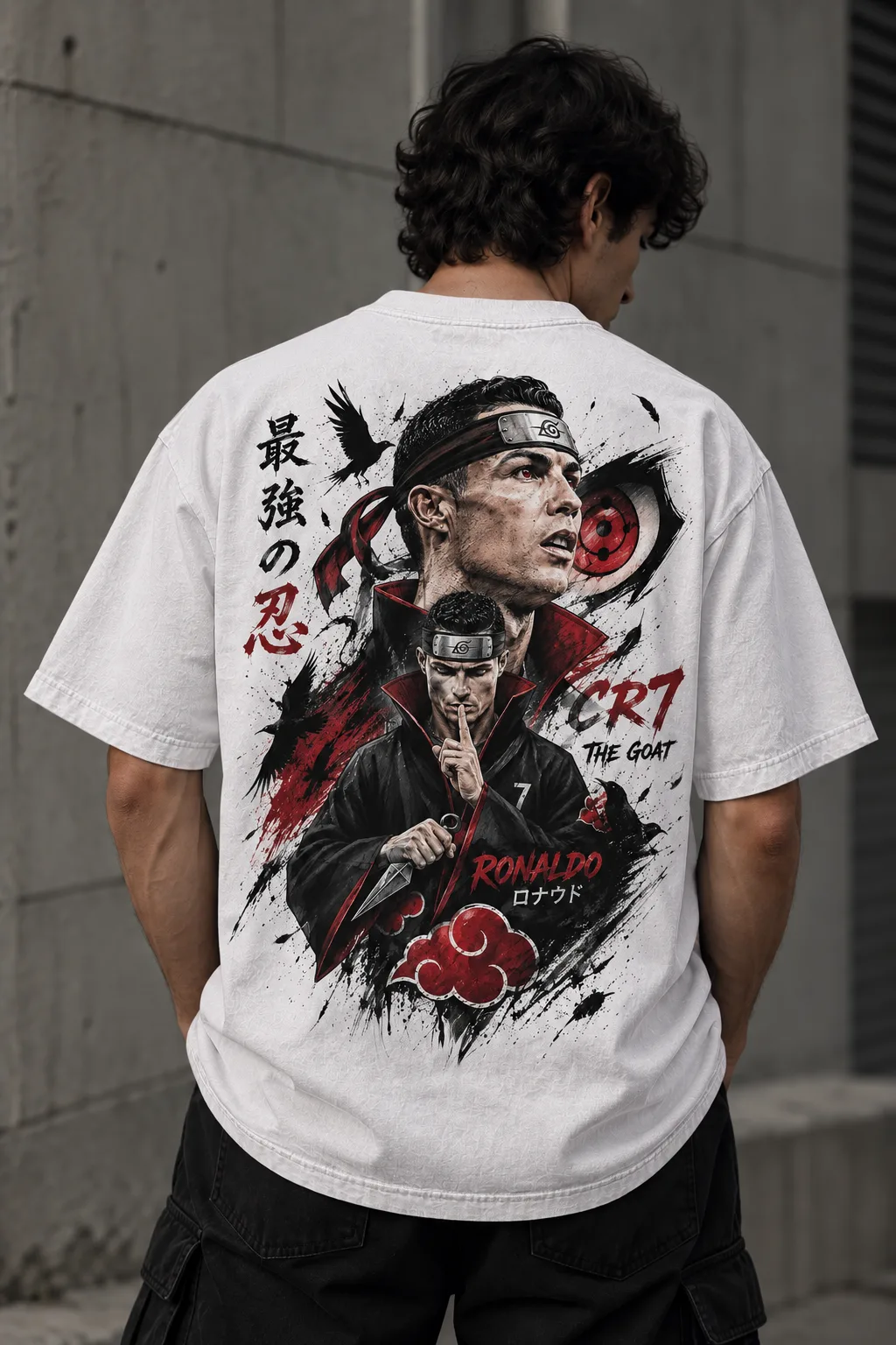 Black and white oversized T-shirts featuring a bold Ronaldo-inspired anime design with red, black, and white artwork, Japanese lettering, crows, and graphic elements.