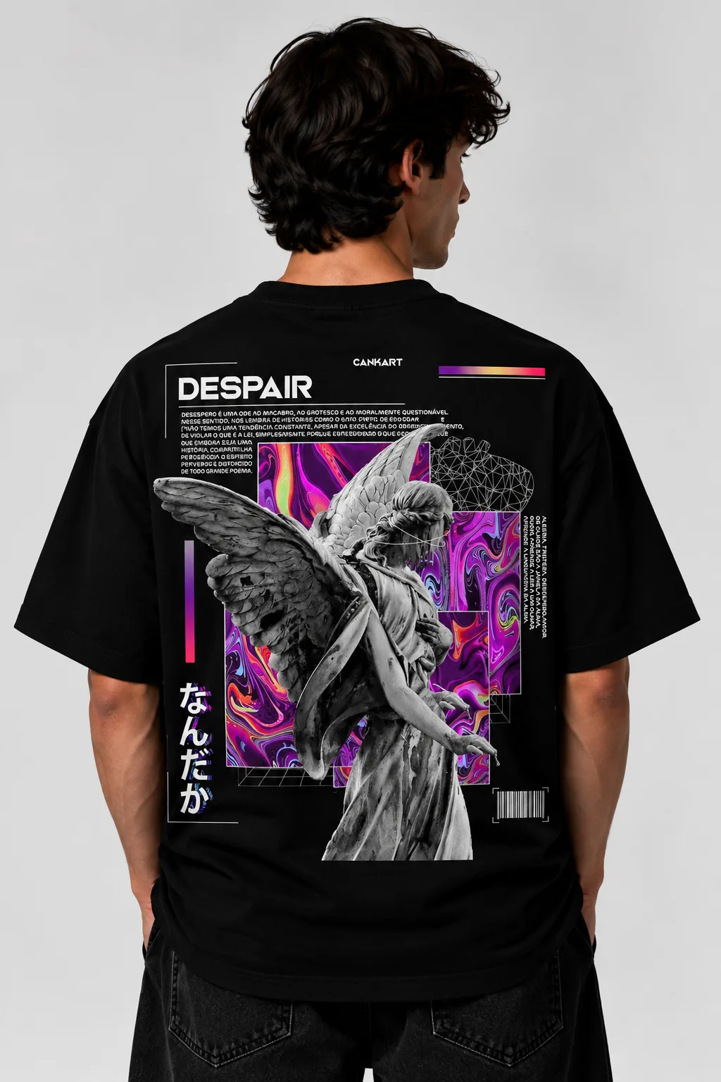Black and white oversized T-shirts featuring a detailed winged figure against a vibrant cosmic collage.