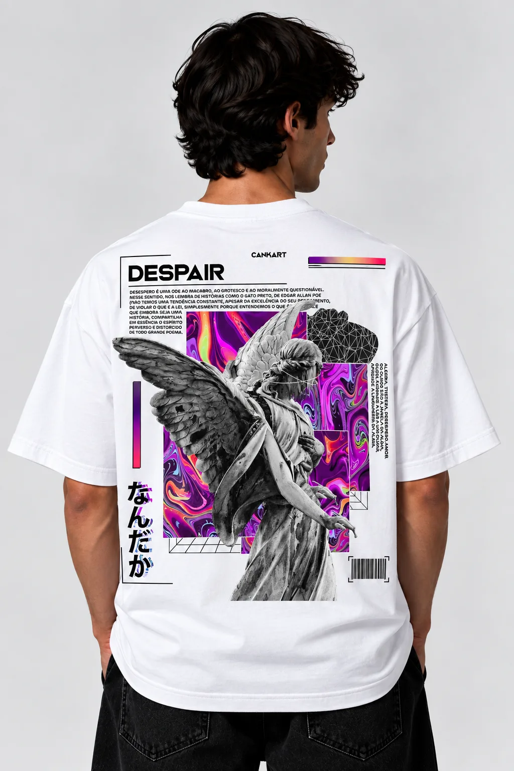 Black and white oversized T-shirts featuring a detailed winged figure against a vibrant cosmic collage.
