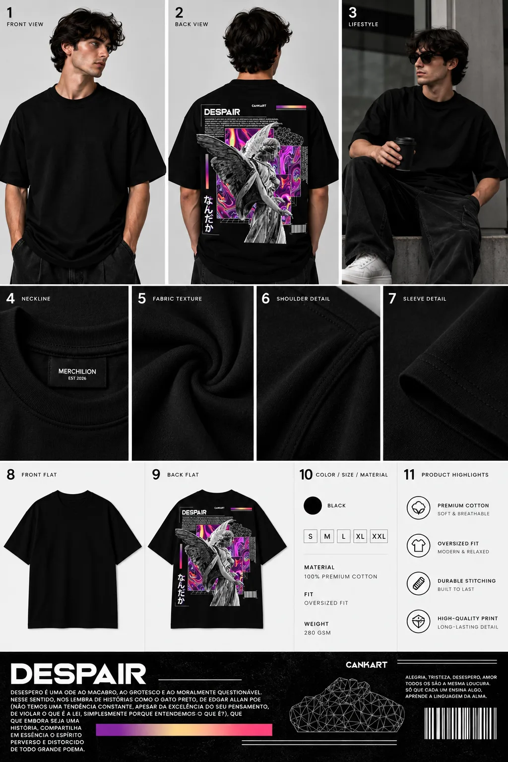 Black and white oversized T-shirts featuring a detailed winged figure against a vibrant cosmic collage.