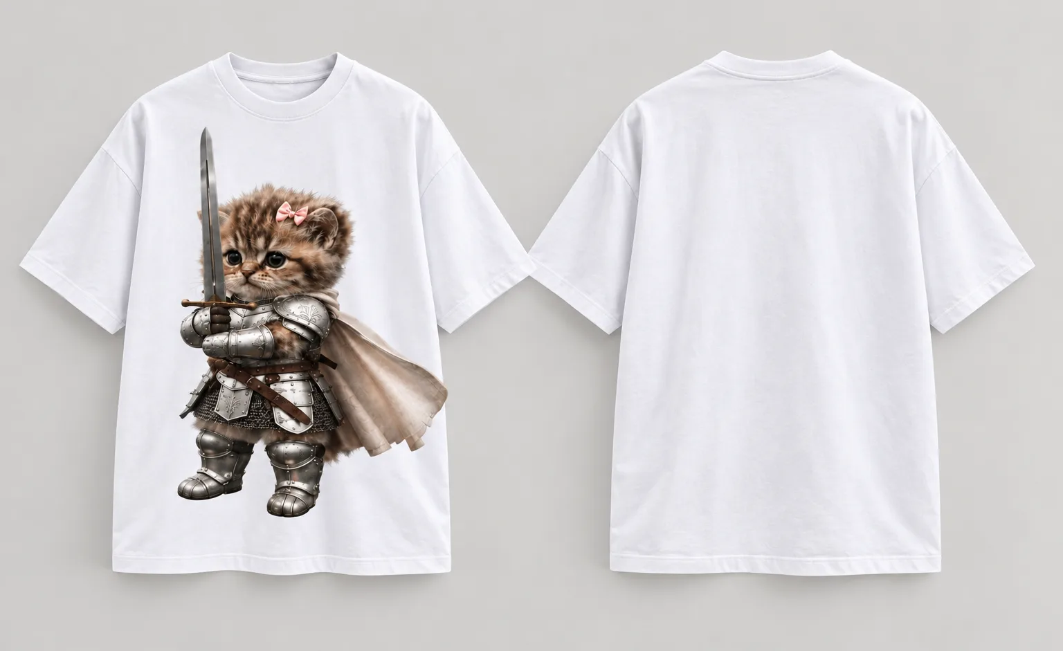Oversized black and white T-shirts featuring a cute kitten dressed as a medieval knight, complete with silver armor, a sword, a flowing cape, and a tiny pink bow.
