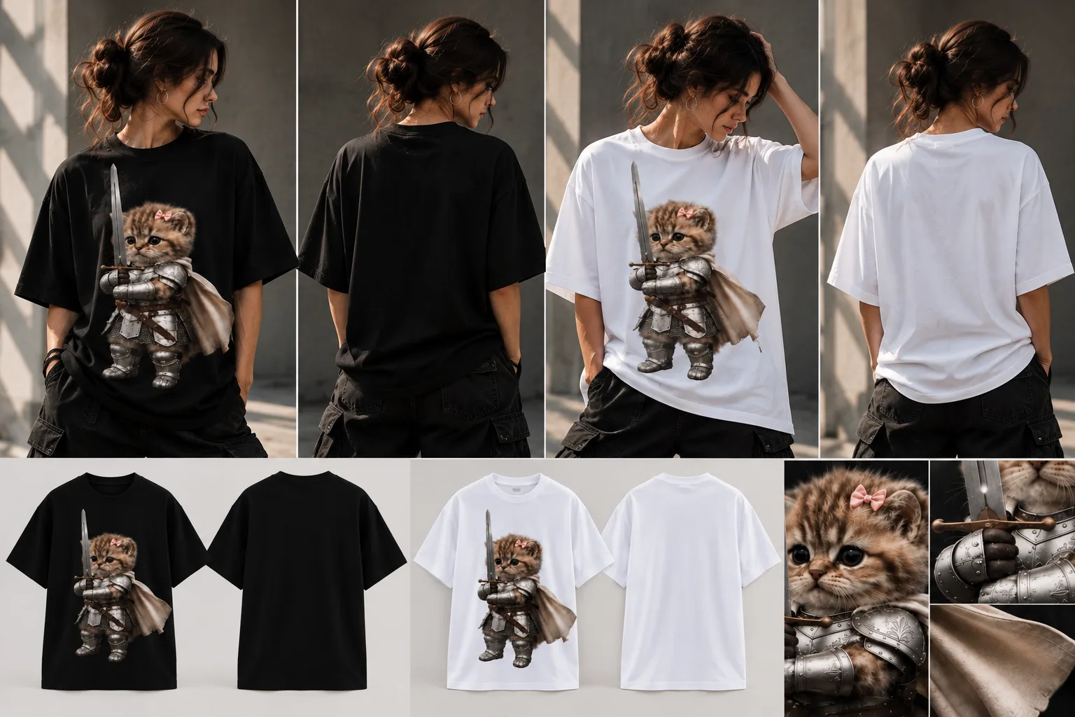 Oversized black and white T-shirts featuring a cute kitten dressed as a medieval knight, complete with silver armor, a sword, a flowing cape, and a tiny pink bow.