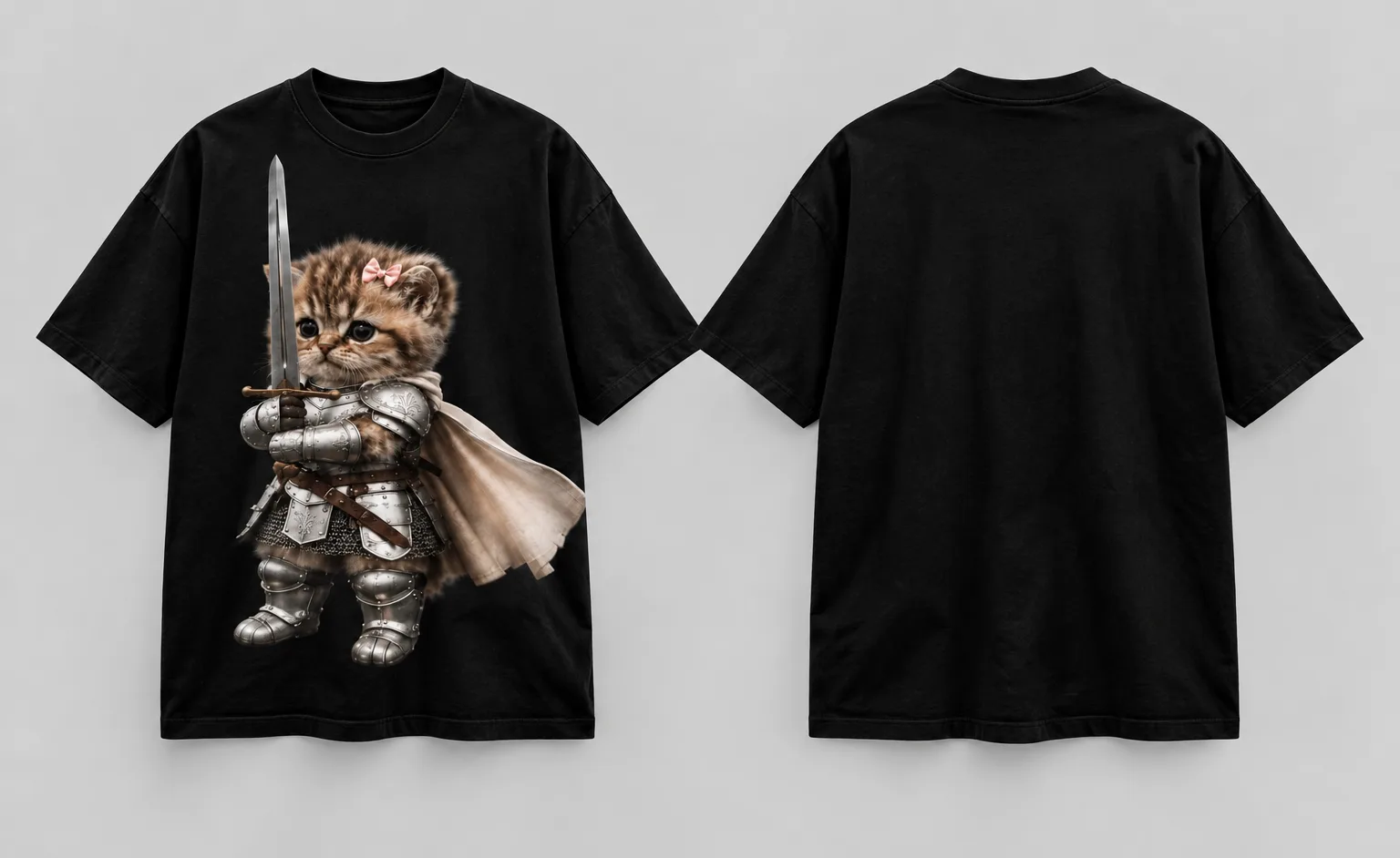 Oversized black and white T-shirts featuring a cute kitten dressed as a medieval knight, complete with silver armor, a sword, a flowing cape, and a tiny pink bow.