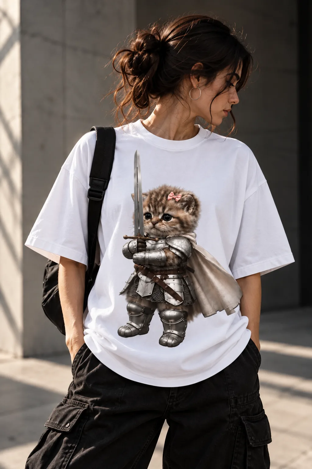 Oversized black and white T-shirts featuring a cute kitten dressed as a medieval knight, complete with silver armor, a sword, a flowing cape, and a tiny pink bow.