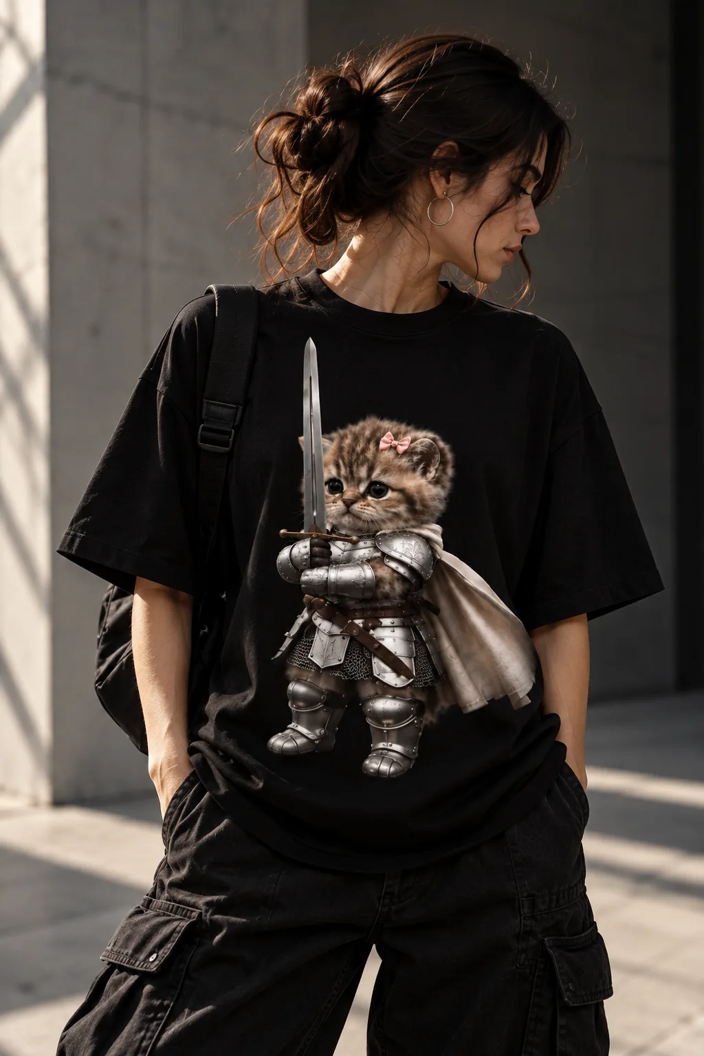 Oversized black and white T-shirts featuring a cute kitten dressed as a medieval knight, complete with silver armor, a sword, a flowing cape, and a tiny pink bow.