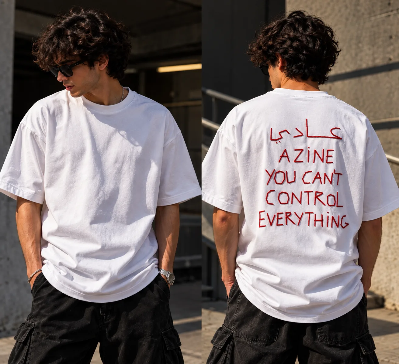 Oversized black and white streetwear T-shirts featuring red handwritten lettering with the Arabic word “عادي” and the message “YOU CAN’T CONTROL EVERYTHING” across the back.