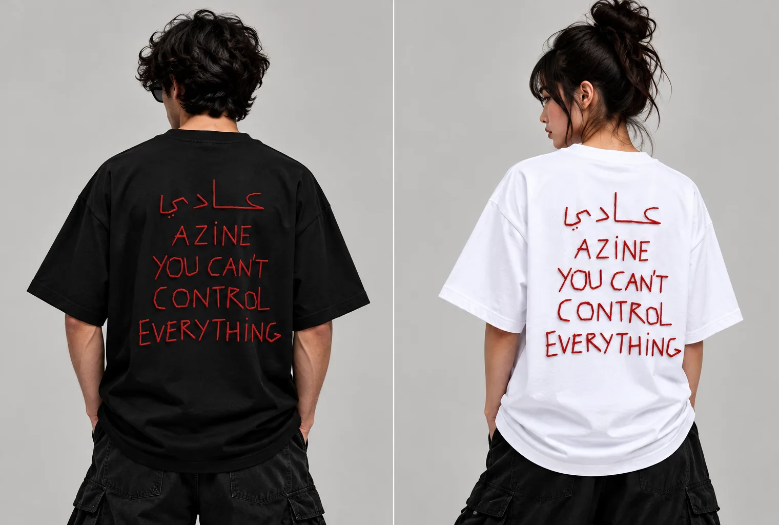 Oversized black and white streetwear T-shirts featuring red handwritten lettering with the Arabic word “عادي” and the message “YOU CAN’T CONTROL EVERYTHING” across the back.