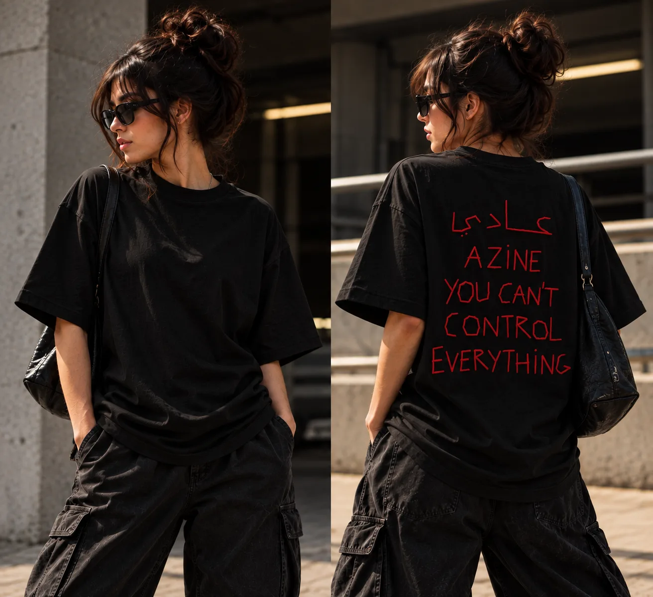 Oversized black and white streetwear T-shirts featuring red handwritten lettering with the Arabic word “عادي” and the message “YOU CAN’T CONTROL EVERYTHING” across the back.