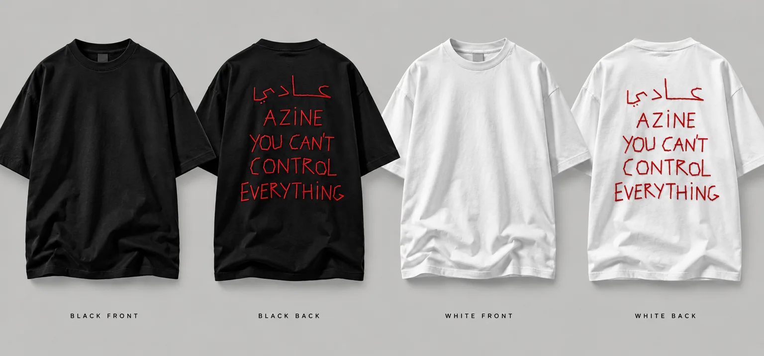 Oversized black and white streetwear T-shirts featuring red handwritten lettering with the Arabic word “عادي” and the message “YOU CAN’T CONTROL EVERYTHING” across the back.