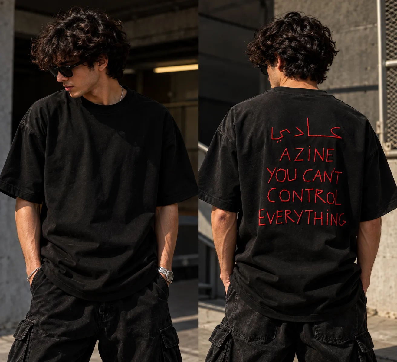 Oversized black and white streetwear T-shirts featuring red handwritten lettering with the Arabic word “عادي” and the message “YOU CAN’T CONTROL EVERYTHING” across the back.