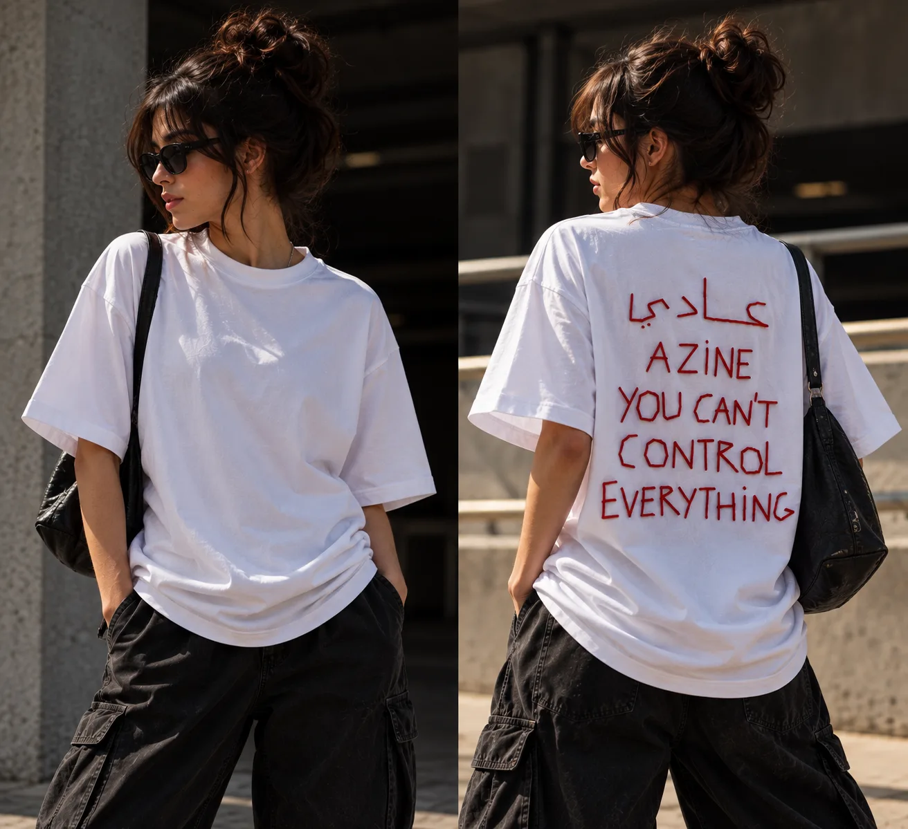Oversized black and white streetwear T-shirts featuring red handwritten lettering with the Arabic word “عادي” and the message “YOU CAN’T CONTROL EVERYTHING” across the back.