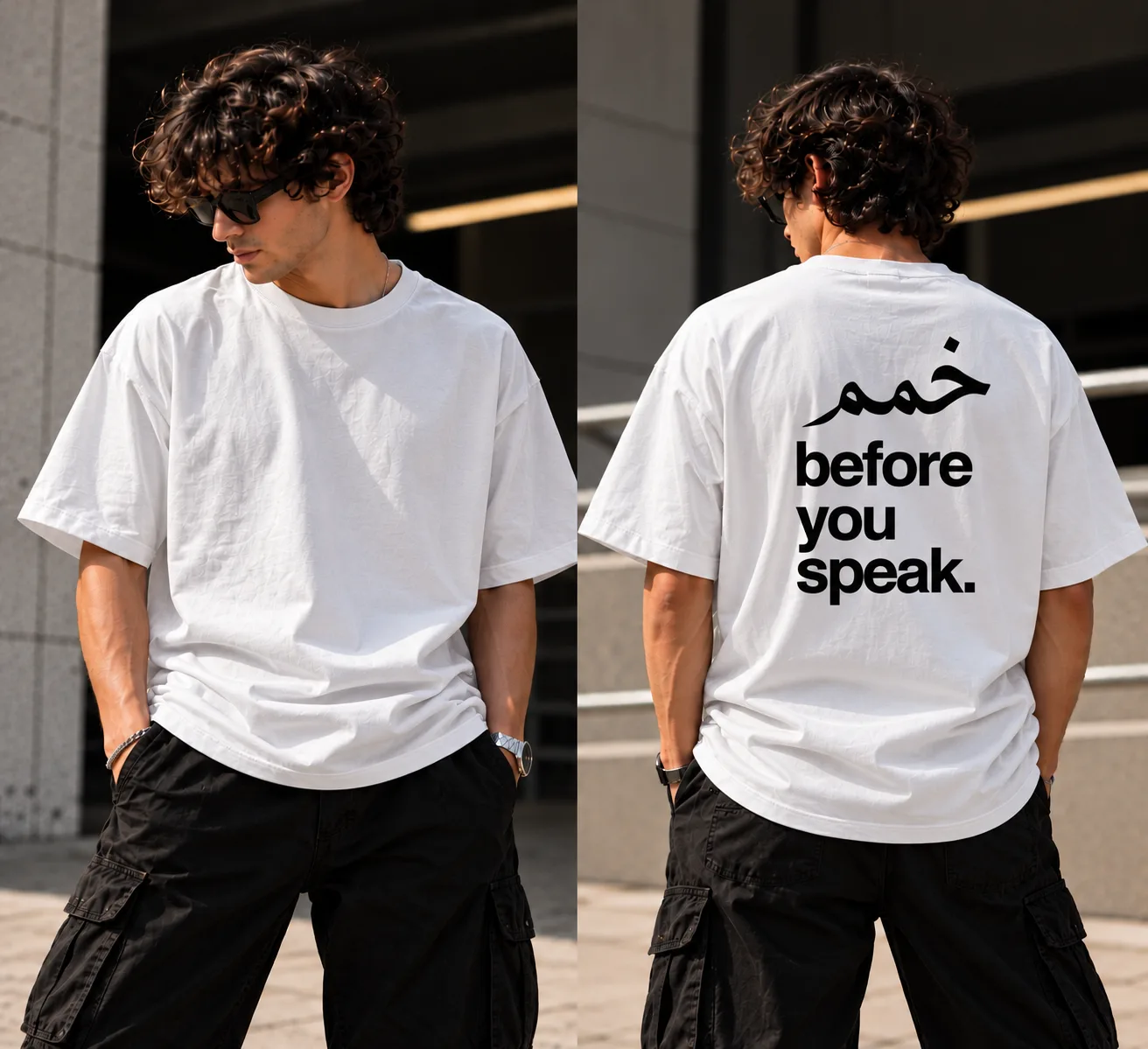 Oversized black and white streetwear T-shirts featuring bold Arabic calligraphy reading “خمم” above the words “before you speak” in clean, stacked typography.