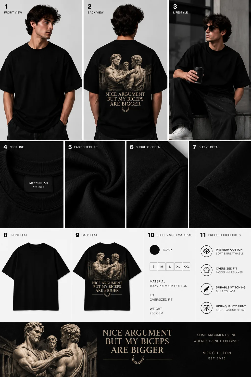 Black and white oversized T-shirts featuring a classical statue design with text on the back.