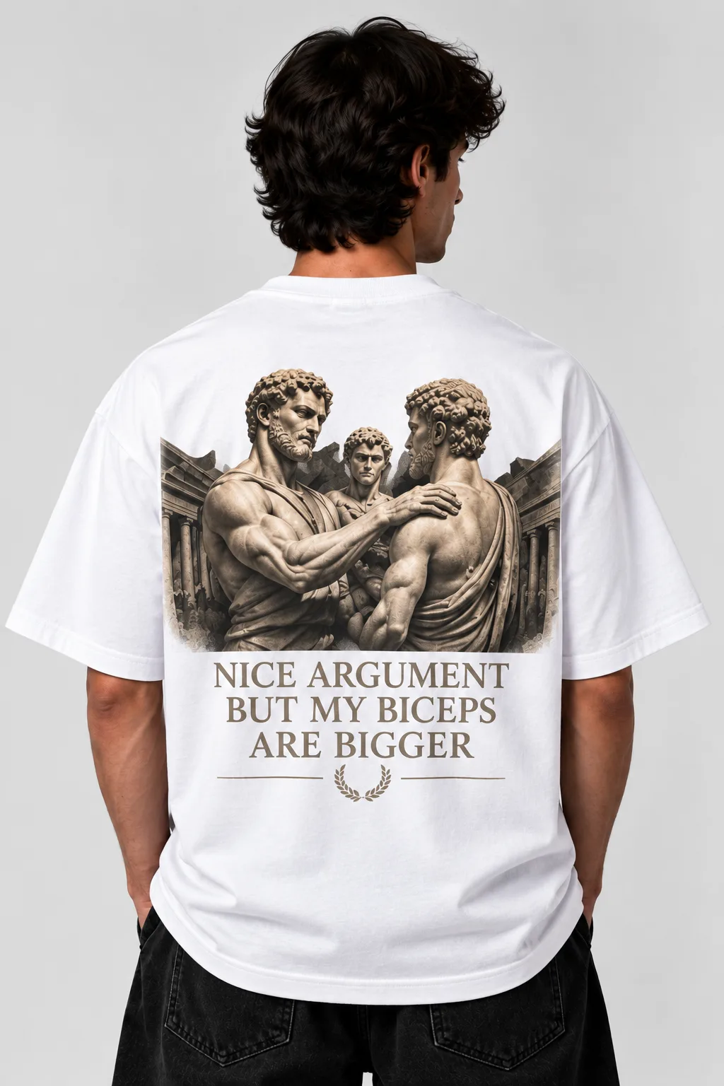 Black and white oversized T-shirts featuring a classical statue design with text on the back.