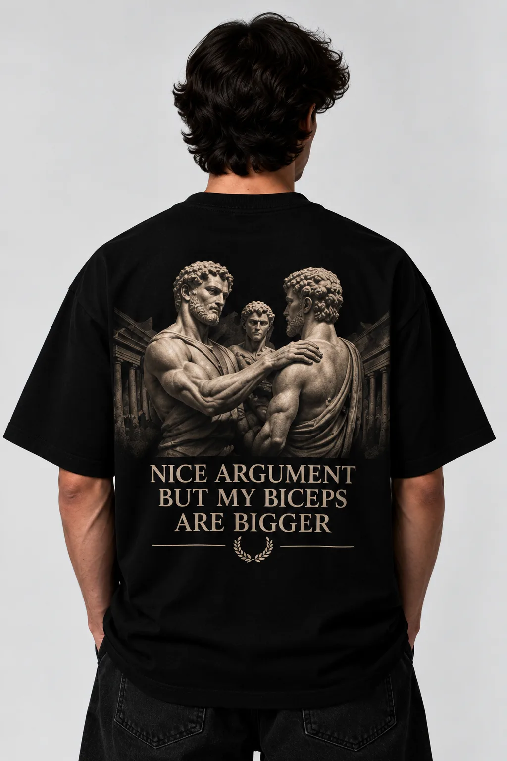 Black and white oversized T-shirts featuring a classical statue design with text on the back.