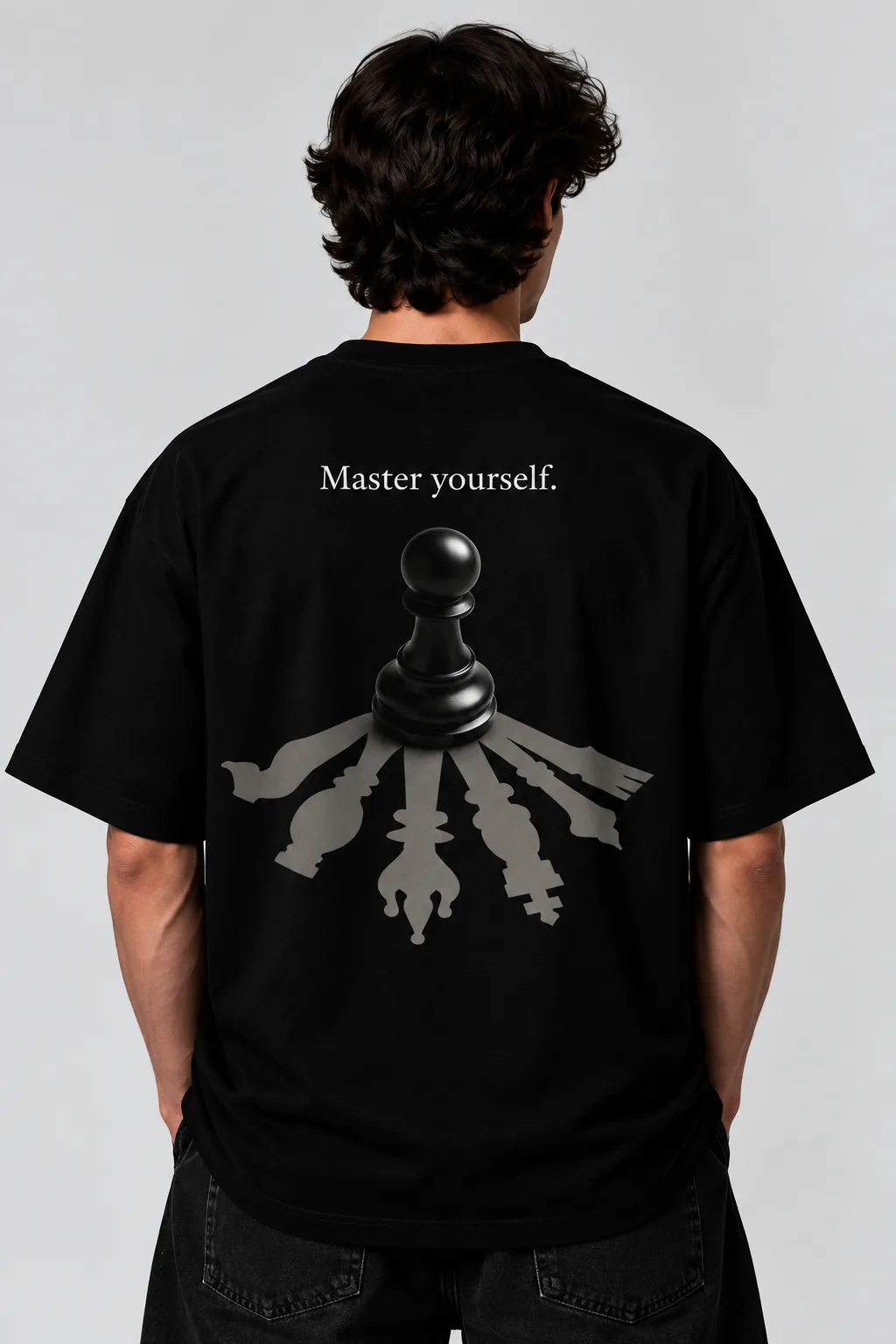 Black and white oversized T-shirts featuring a chess pawn with multiple chess piece shadows and “Master yourself.” text.