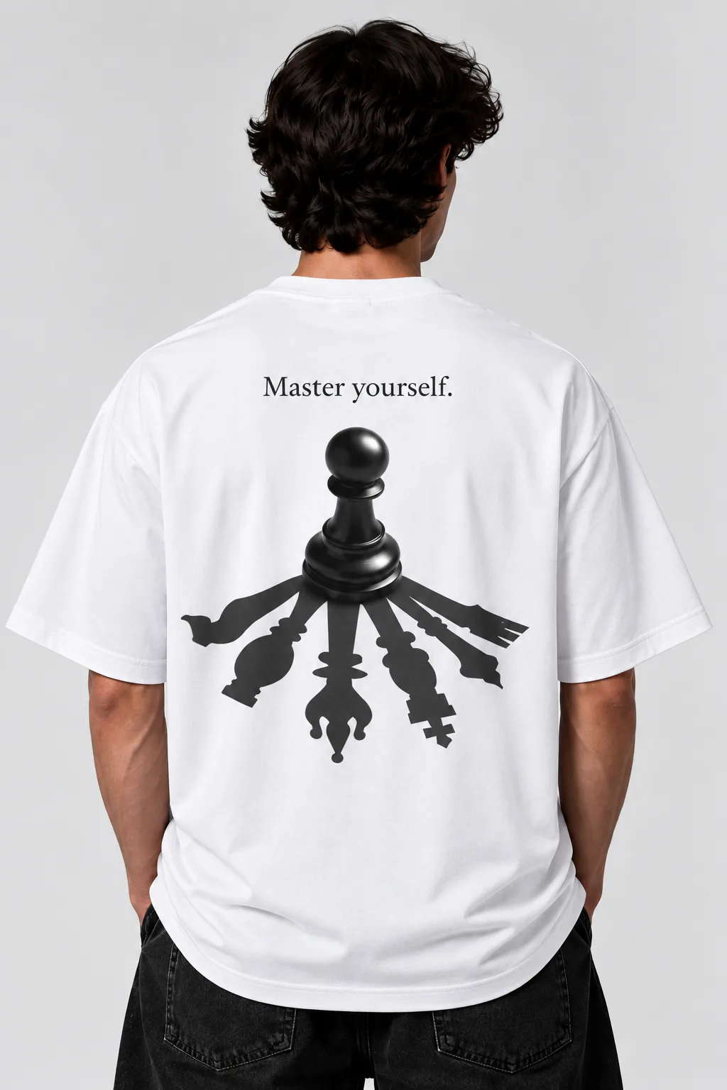 Black and white oversized T-shirts featuring a chess pawn with multiple chess piece shadows and “Master yourself.” text.