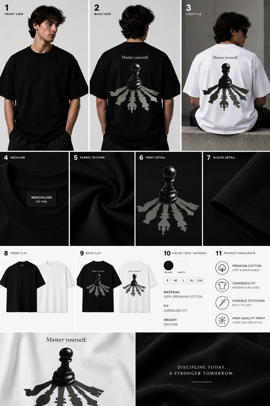 Black and white oversized T-shirts featuring a chess pawn with multiple chess piece shadows and “Master yourself.” text.